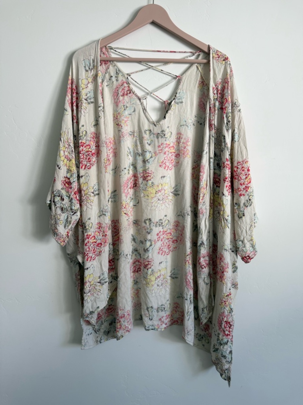 Billabong Cream Floral V-Neck Top with Pink & Yellow Accents